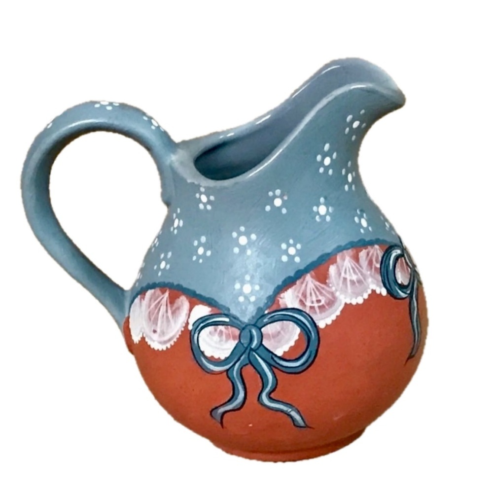 Handmade Blue Bow Creamer Milk Jug Pottery Americana Rustic Country Farmhouse - Picture 3 of 8
